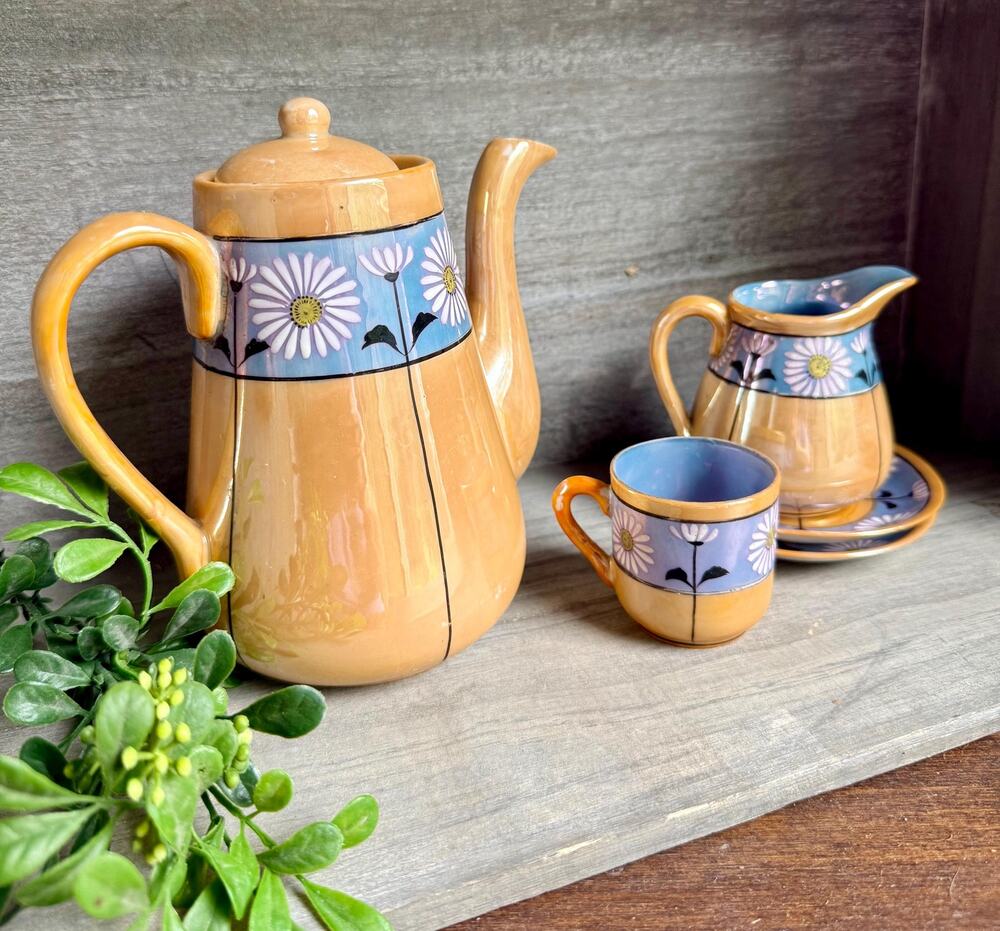 Vintage Japanese Lusterware Tea Set | Peach Blue Iridescent Teapot
